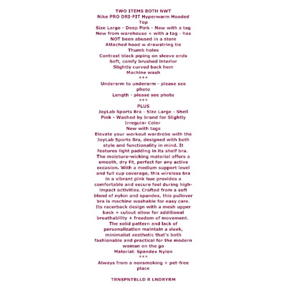 2 PCS Nike PRO DRI-FIT Hyperwarm Hooded Top Large PINK Brushed Int + Sports Bra - Picture 2 of 16